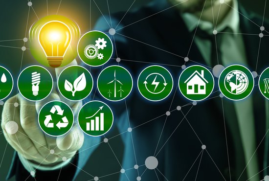 Energy efficiency concept. Man demonstrating scheme with icons, closeup