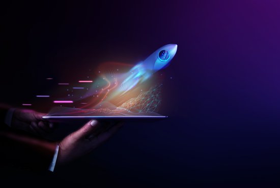 Futuristic Conceptual Photo. Startup Concept. Rocket Take-off and Released from Digital Tablet to Space. Mission to Moon. Symbol of Success